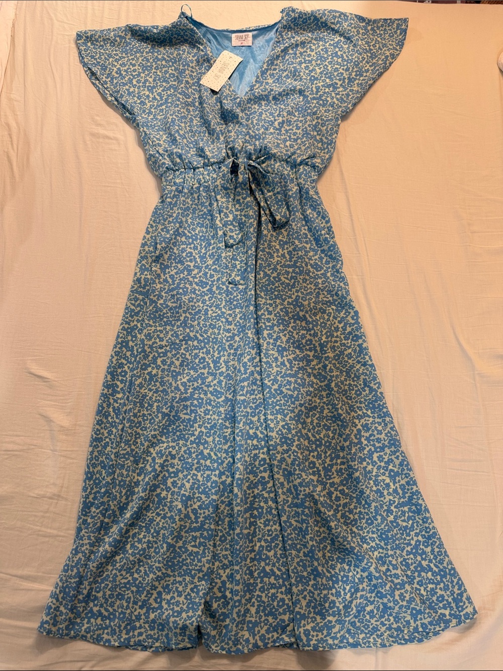 Blue/Pale Green Floral Tie-Waist Maxi Dress